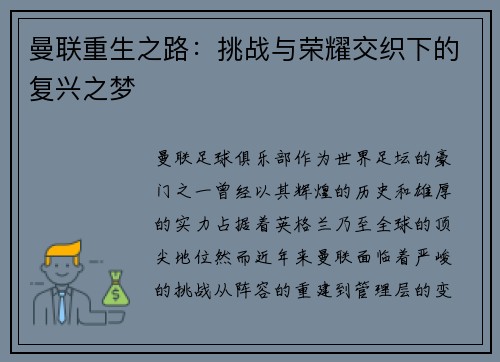 曼联重生之路：挑战与荣耀交织下的复兴之梦