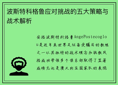 波斯特科格鲁应对挑战的五大策略与战术解析